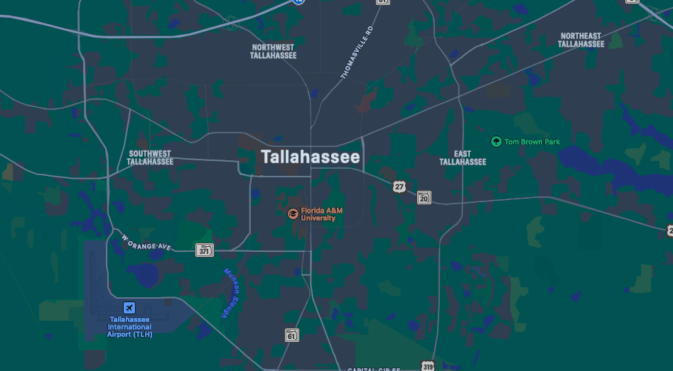 Google Maps view of Tallahassee, FL showing our 100-mile service radius